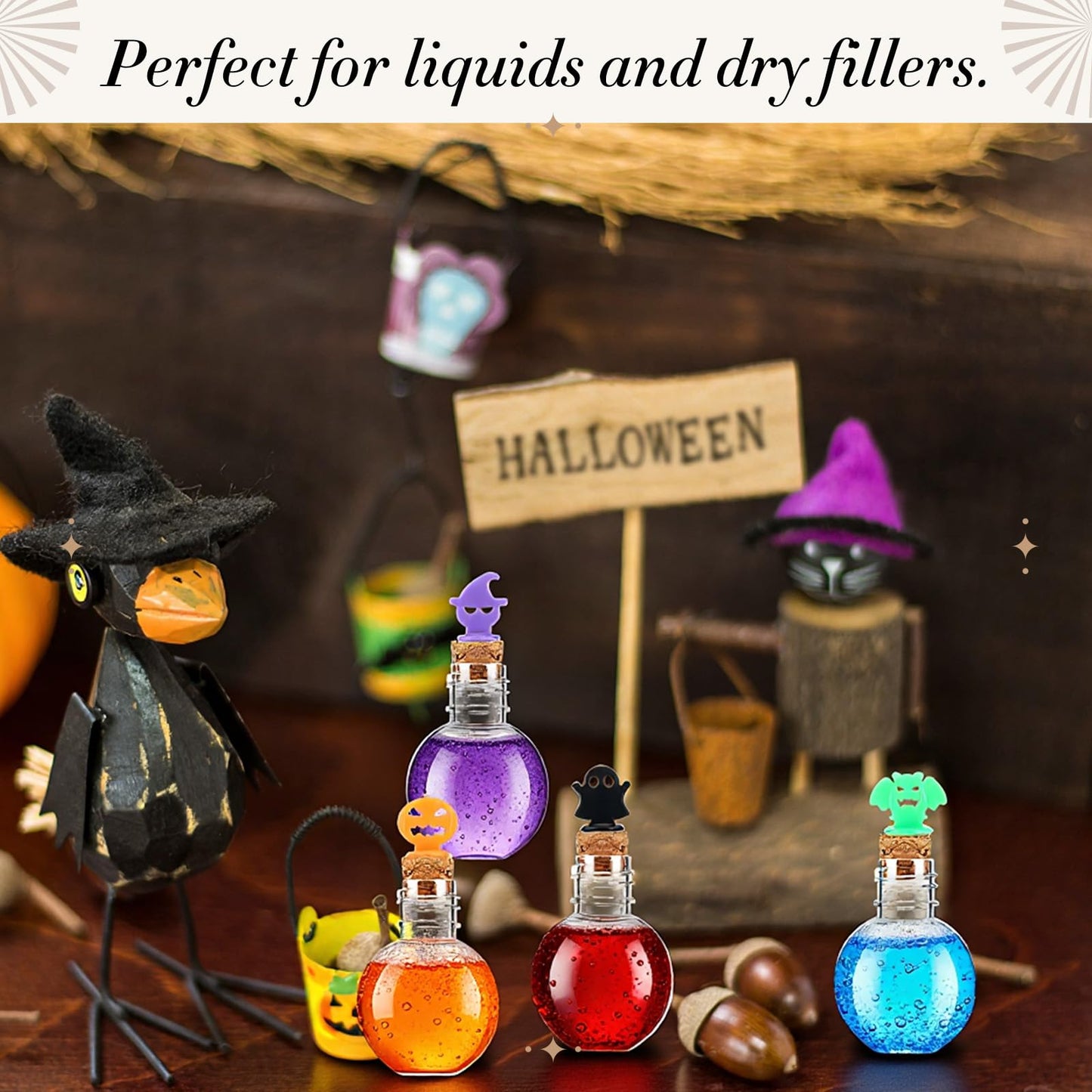 Bokon 36 Pack Mini Plastic Bottles with Corks Funnels Plastic Potion Bottles Tiny Clear Sand Art Jar Wishing Vial Witch Potion Jars for Decorations Birthday Party DIY Crafts Gift(Spherical)