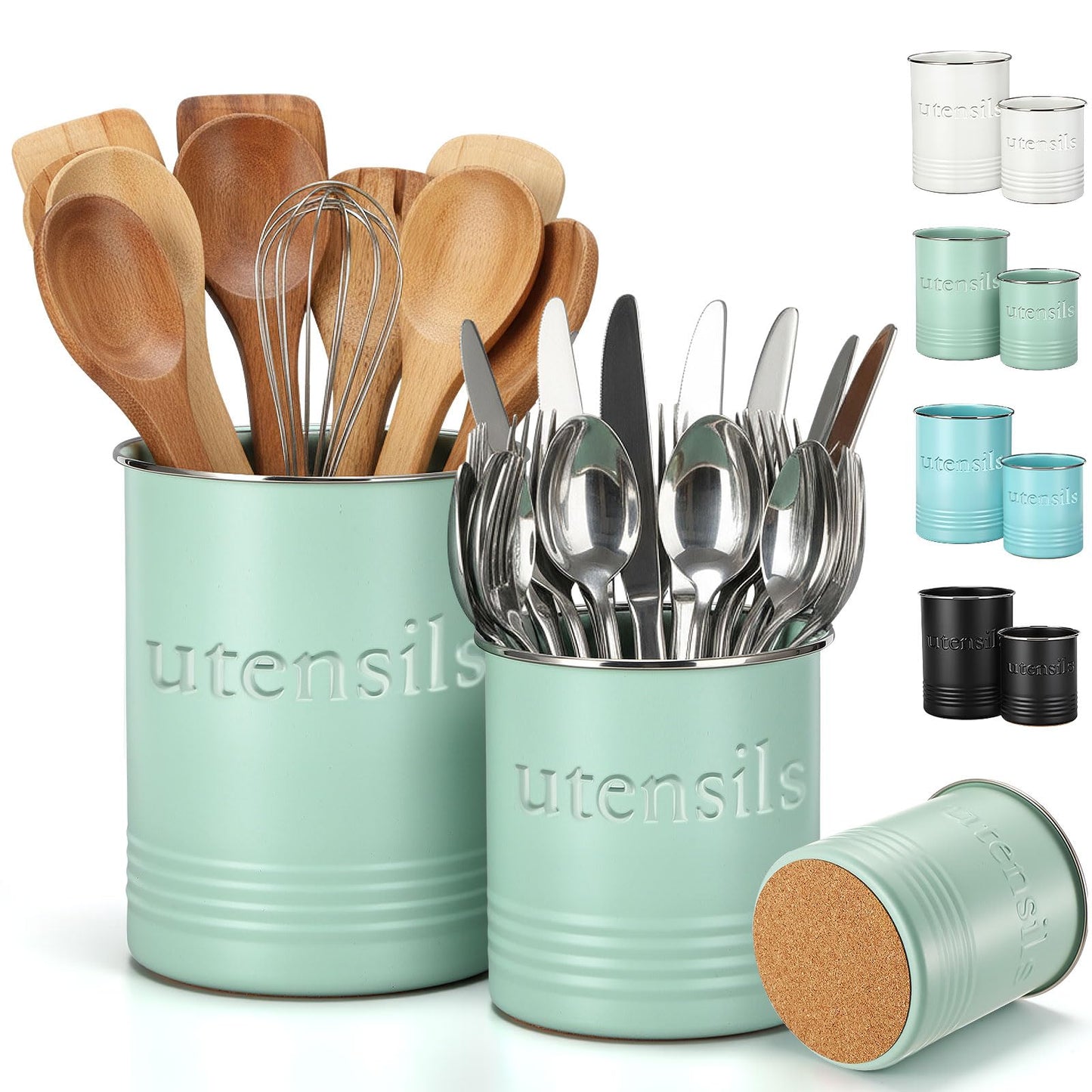 FoldTier 2 Pack Kitchen Utensil Holder for Counter 6.7"+4.7" Farmhouse Cooking Utensil Crock with Cork Bottom Modern Farmhouse Decors Countertop Storage Organizer Caddy Housewarming Gift(Sage Green)