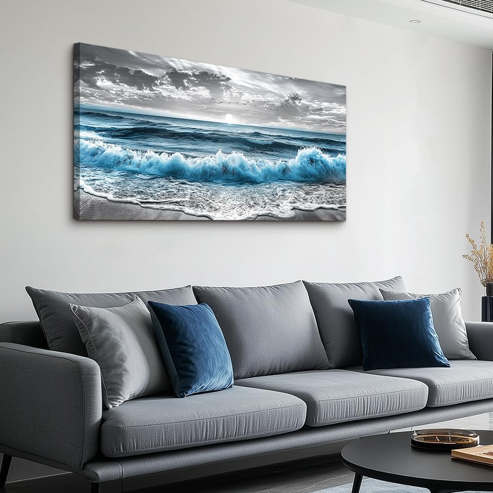 ZUITINGHUA Large Wall Decor For Living Room Canvas Wall Art For Office Modern Wall Decorations For Bedroom Sea Wave Landscape Painting Black And White Pictures Artwork Room Home Decor 24x48 In