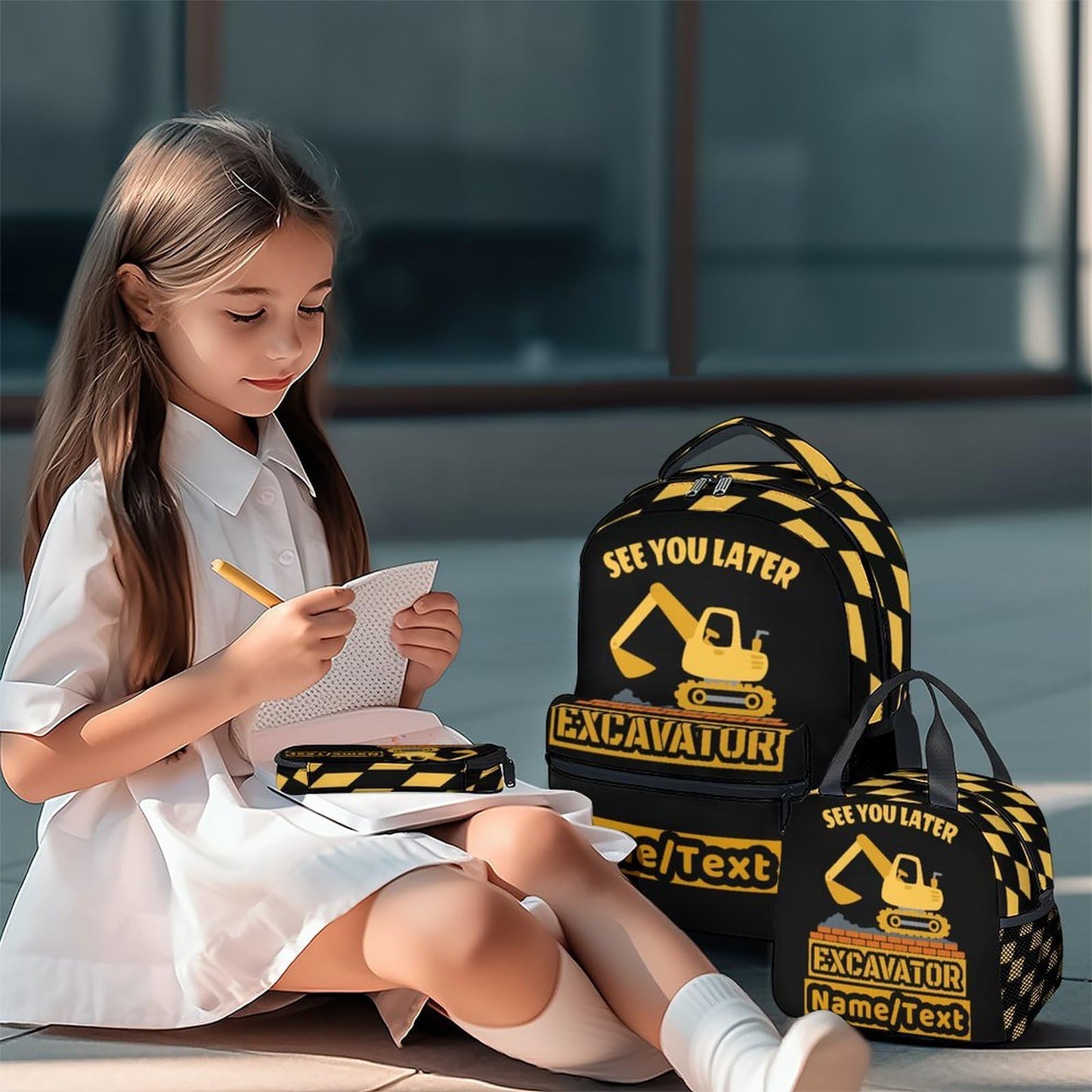 PoshWrap Personalized Excavator Backpack with Lunch Box - Set of 3 Custom Backpacks Matching Combo - Utility Black Bookbag and Pencil Case Bundle