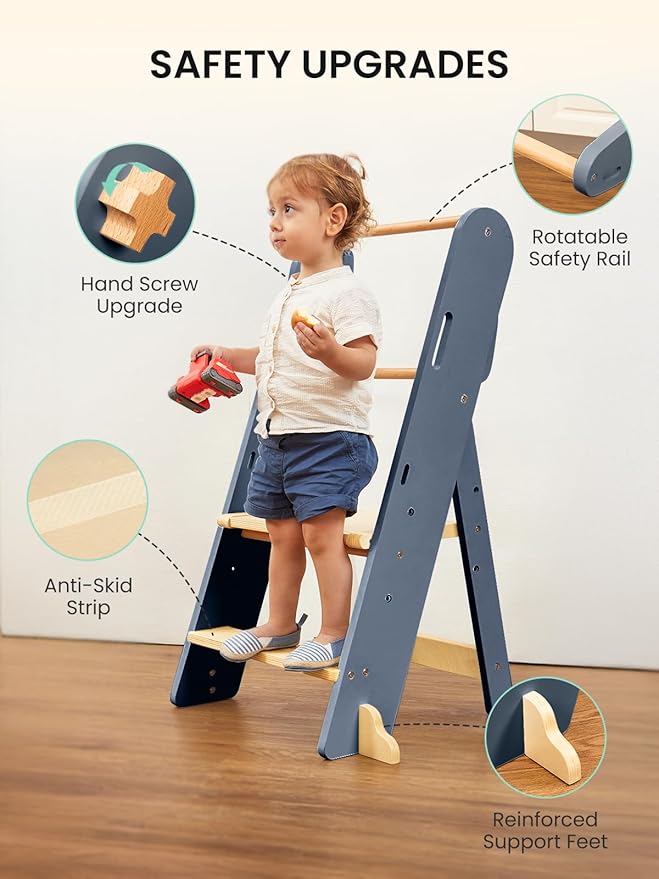 GROWNSY Foldable Step Stool Toddler Tower, Toddler Kitchen Stool Helper, Collapsible Kids Standing Tower with 3 Adjustable Heights and Safety Net for Kitchen Bathroom Sink Counter (Blue Gray)