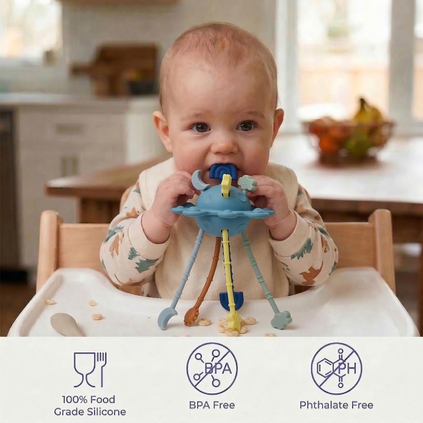 Silicone Baby Sensory Pull String Toy for 18+ Months, Montessori Toys for Toddlers, Sensory Activity Travel Toy for Airplane Car Seat Stroller, Fine Motor Skills Early Learning Gift (Blue)