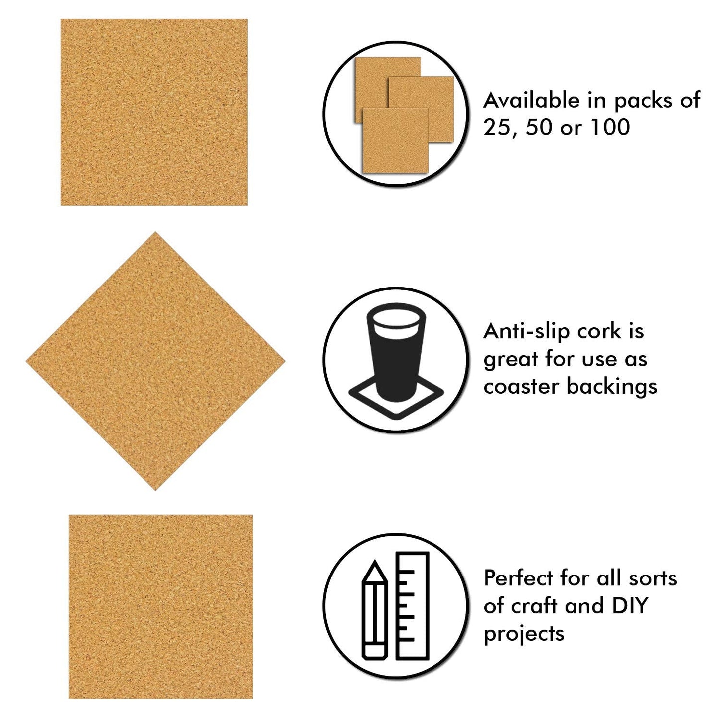 50 Pack Self-Adhesive Cork Squares 4 x 4 Inches Cork Tiles Backing Sheets for Coasters and DIY Crafts