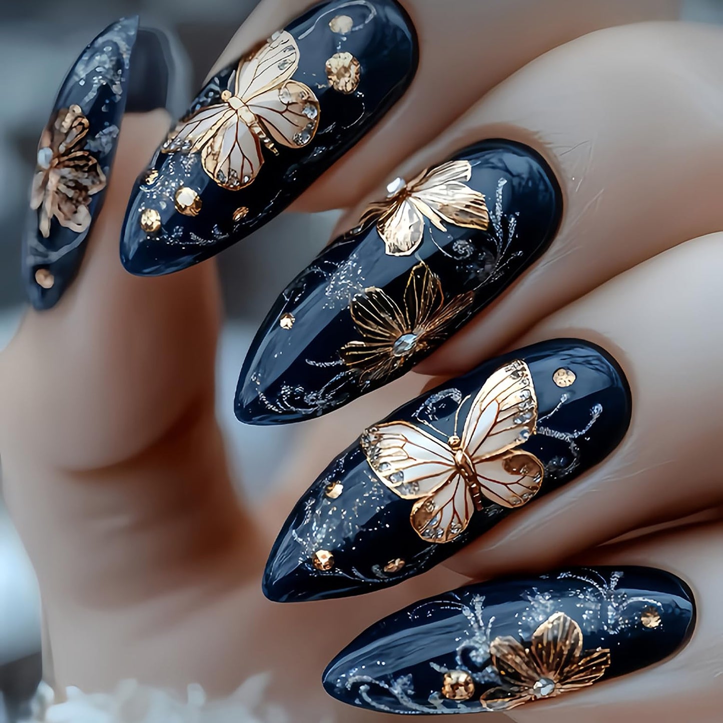 Retro Butterfly Press on Nails Medium Almond Fake Nails Flower Pattern Glue on Nail Glossy Full Cover Acrylic False Nail for Women