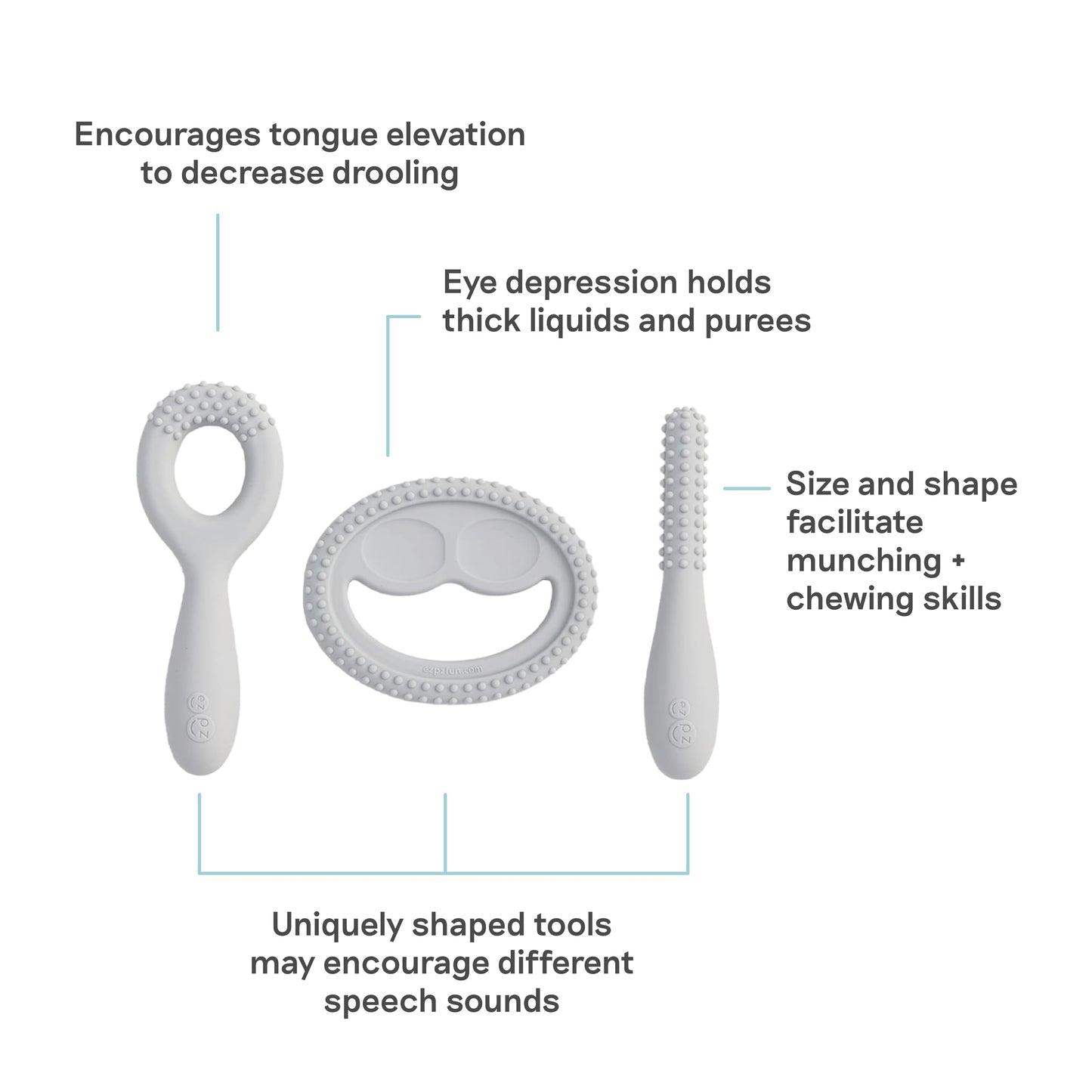ezpz Oral Development Tools (3 Pack in Pewter) - 3 Months+ - Non-Slip Loop, Smile and Stick 100% Silicone Tools - Prepare for Chewing + Solids - Baby-Led Weaning Supplies