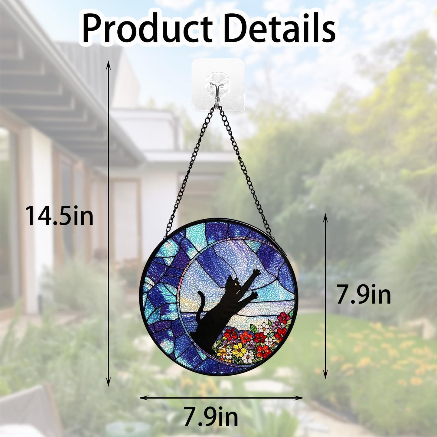 7.9" Stained Glass Window Hanging, Cute Black Cat & Wild Florals Suncatcher Diamond Glass Panel Hanging Home Decor Indoor Outdoor