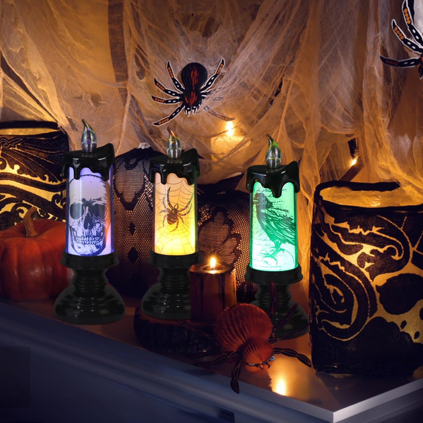 GenSwin Halloween Black Flameless Candles Light, 3 Pack LED Battery Operated Candles with Remote Timer, Table Centerpiece for Halloween Decorations(Skulls, Spiders, Crows)
