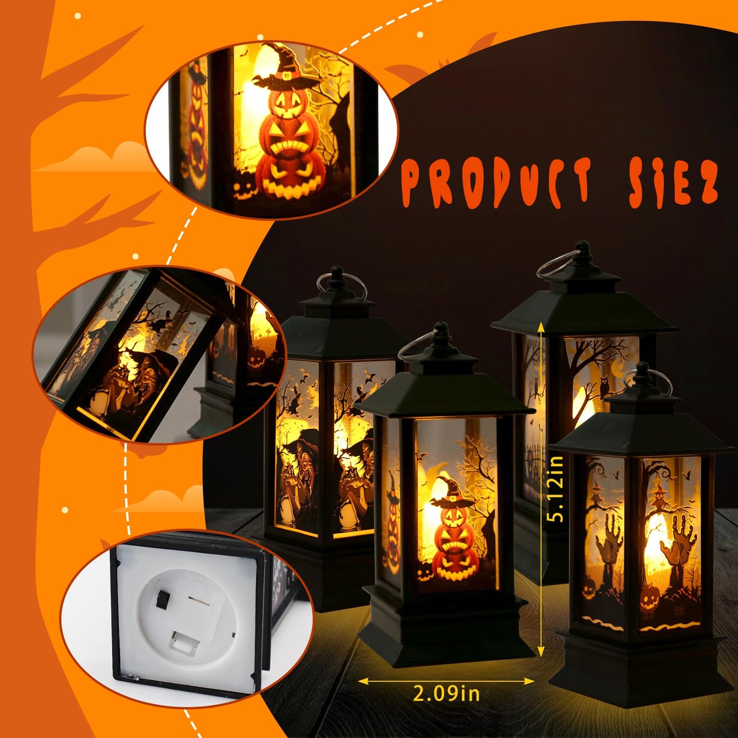 Blinket Halloween Lanterns Decorations 4 Pack, Battery Operated Black Pumpkin Witch Lanterns, Flickering Light for Indoor Party Home Decor