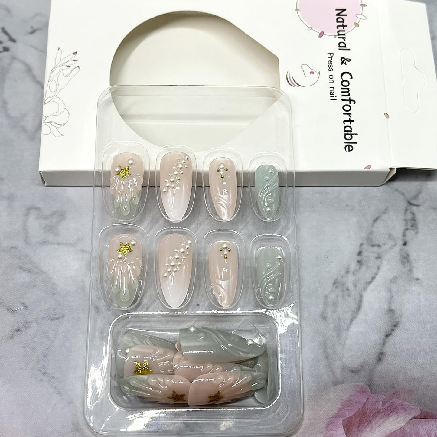 3D Star Pearl Press on Nails with French Tip False Nails Long Almond Artificial Glue on Nail Glossy Reusable Acrylic Stick on Nail for Women