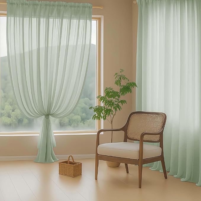 Extra Wide Sage Green Sheer Curtains 120 Inches Long, Extra Long Light Filtering Modern Patio Curtains for Sliding Glass Door, Rod Pocket Drapes for Living Room, 2x59Wx120L Inches, 10FT, 2PCS