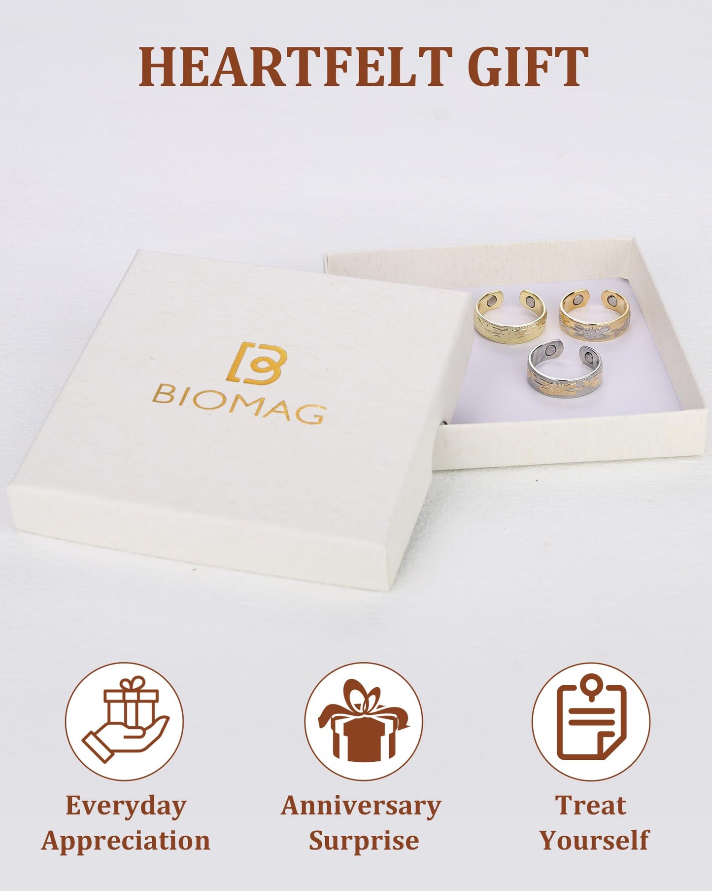 BioMag Magnetic Lymphatic Drainage Ring Set, 3 Pcs 99.99% Pure Copper Magnetic Rings for Women with 3500 Gauss Magnets, Adjustable Size, Floral Branch and Leaf Pattern