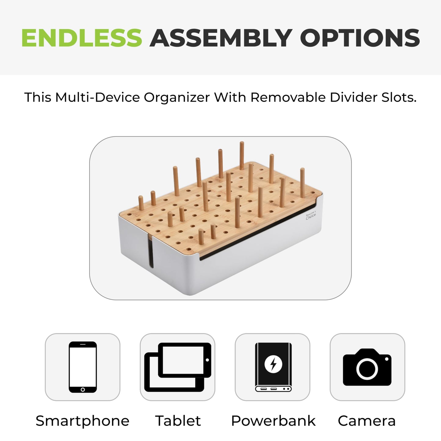 Prosumers Choice Bamboo Charging Station for Multiple Devices - Wooden Charger Organizer with Removable Dividers for Phones, Tablets, and Laptops - 11 Inch Cable Organizer Box - Space-Saving Desk Dock
