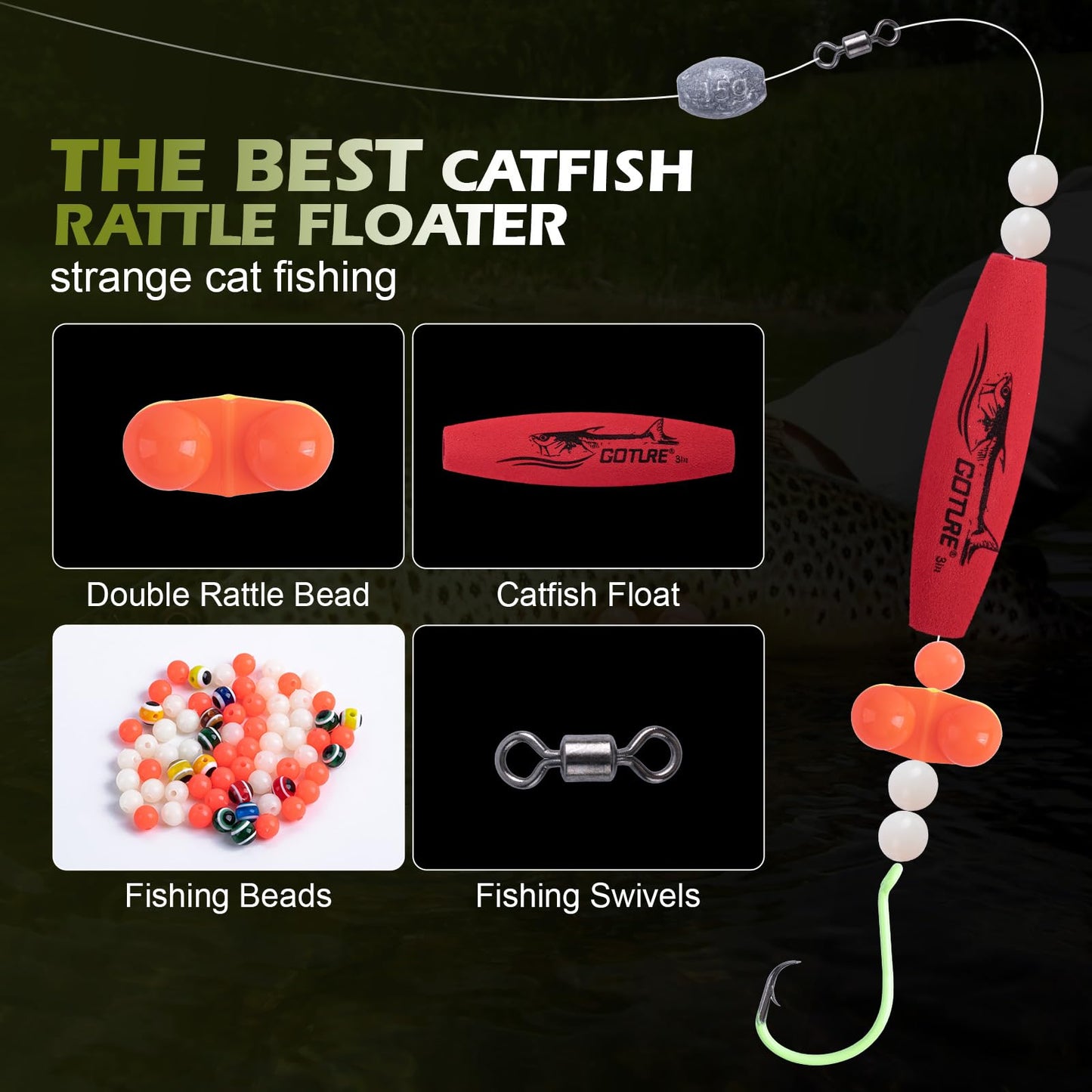 Goture Catfish Rig Making Kit,300pcs Catfishing Tackle with Luminous Fishing Hook Swivel Sinker Weights Rattle Float Bobber Stoppers,Catfish Rigs Accessories with 3600 Tackle Box,Gifts for Men