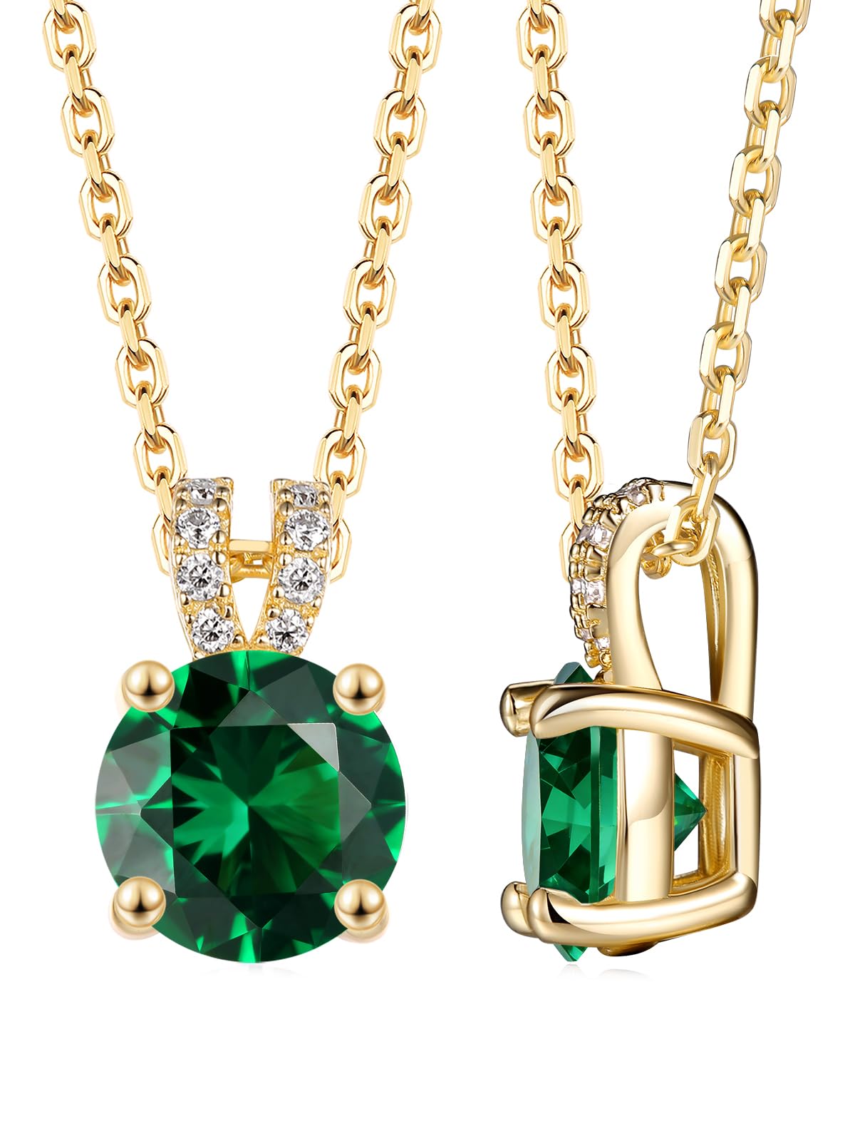CYW Green Emerald Small Gold Round Necklace for Women 925 Sterling Silver Solitaire Pendant