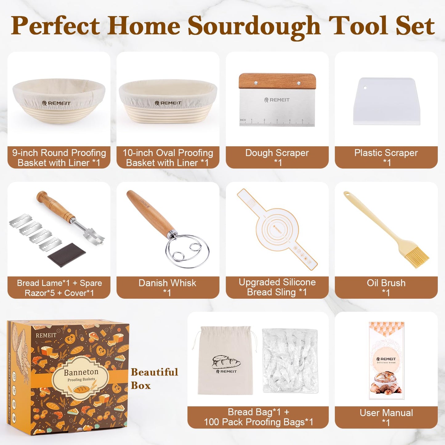 REMEIT Banneton Bread Proofing Basket Sourdough Bread Baking Supplies, Sourdough Starter Kit with 9" Round and 10" Oval Baskets, Sling, Bread Lame, Proofing Cover, Scraper, Dough Whisk