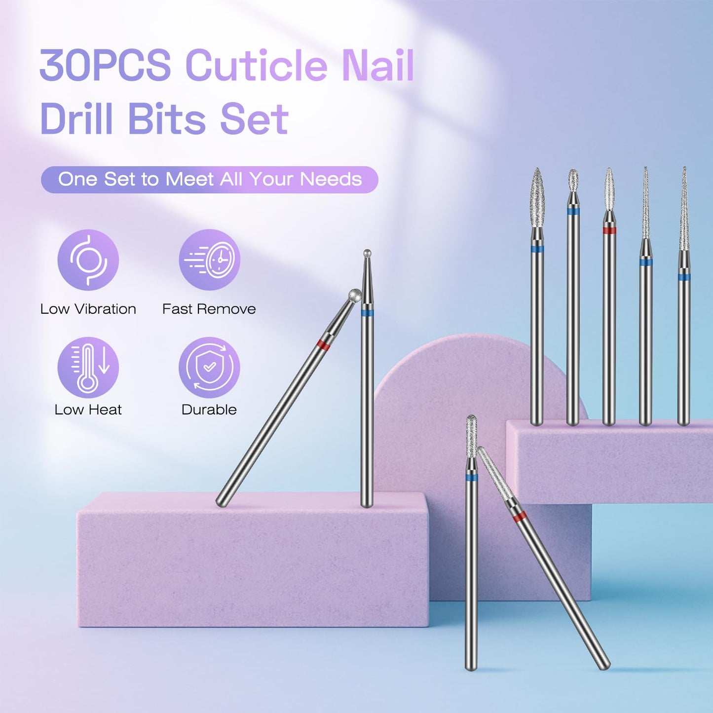 30PCS Nail Drill Bits Set with Holder Case, Professional 3/32 Inch Diamond Cuticle Nail Bits Kit for Nail Drill Machine, Manicure Pedicure Remover Tools Efile Tip for Acrylic Gel Nails, Salon Home