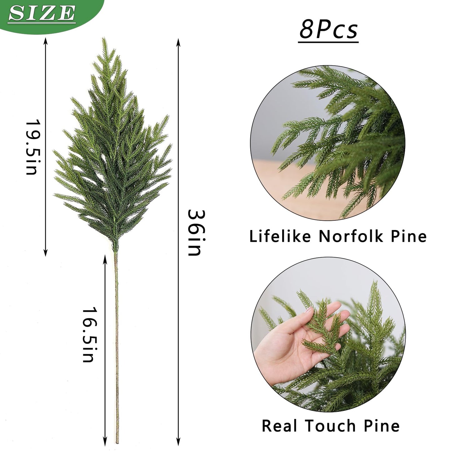 YXZZWL 8 Pcs Christmas Norfolk Pine Branches, 36 Inch Real Touch Artificial Norfolk Pine Branch Faux Cedar Pine Stem Fake Greenery Picks for Vase DIY Garland Wreath Home Garden Decoration