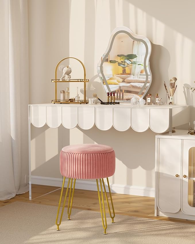 IBUYKE Velvet Storage Footrest Stool Ottoman, Makeup Vanity Stool Side Table with Golden Steel Legs Removable Cover, Coffee Table Top Cover, Pink LG-20P