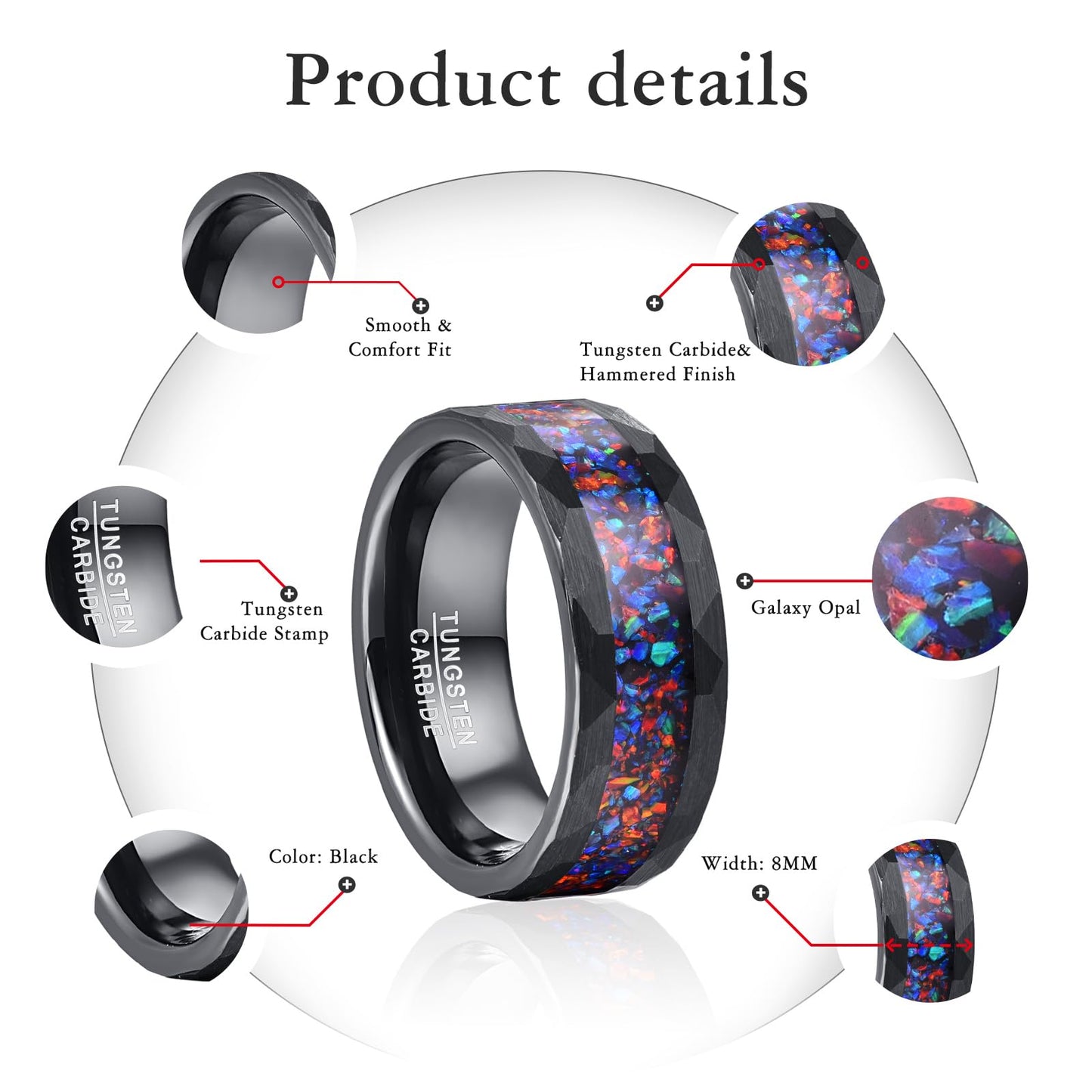 NUNCAD Men's Tungsten Ring Galaxy Inlay Black Hammered Finish Ideal for Engagement Promise Wedding Band 8mm Sizes 9