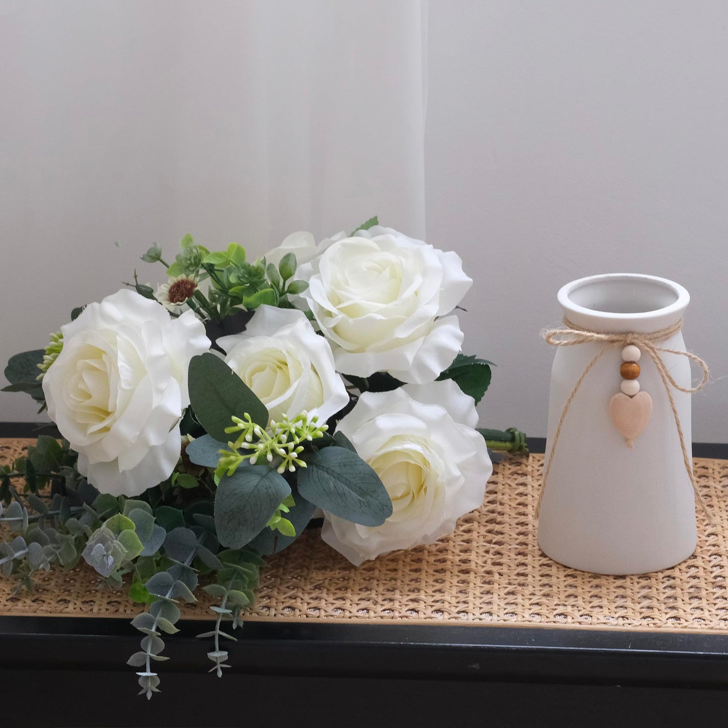 Artificial Rose Flower Arrangement in 6'' White Ceramic Vase with Heart Charm Décor, Flower Arrangement with Eucalyptus Stems and Greenery, Rustic Farmhouse Table Centerpiece, 14"H x 9’’W