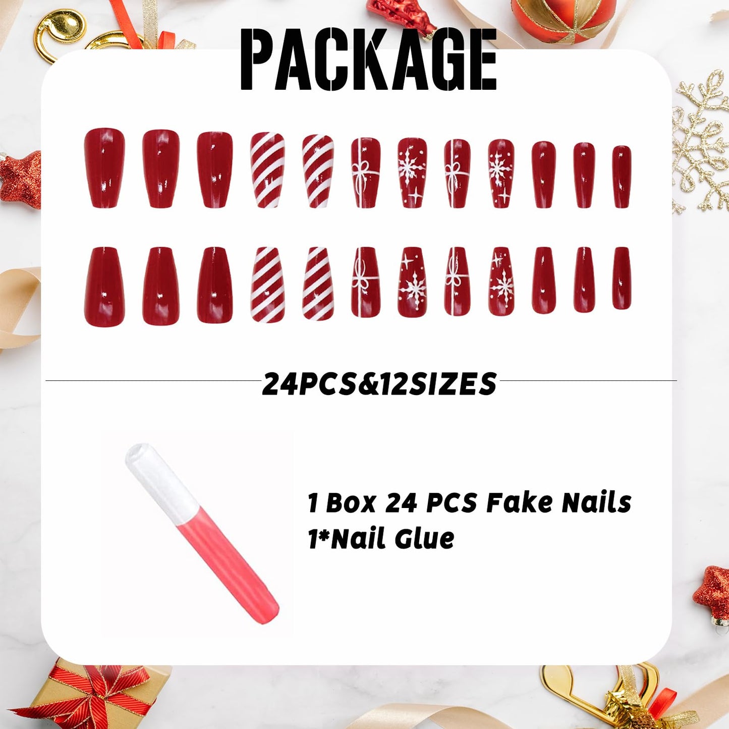 IMSOHOT Press on Nails Long Coffin Fake Nails with White Snowflake Designs Red False Nails Acrylic Full Cover Stick on Nail for Women 24Pcs