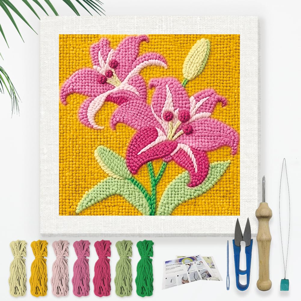DOODLREAM Colorful Flowers Punch Needle Kit for Beginner, 9.4"x9.4" Lily Floral Punch Stitching Craft Set, DIY Embroidery Starter with Printed Frame, Instruction, Threader, Yarn, Pinch Needle