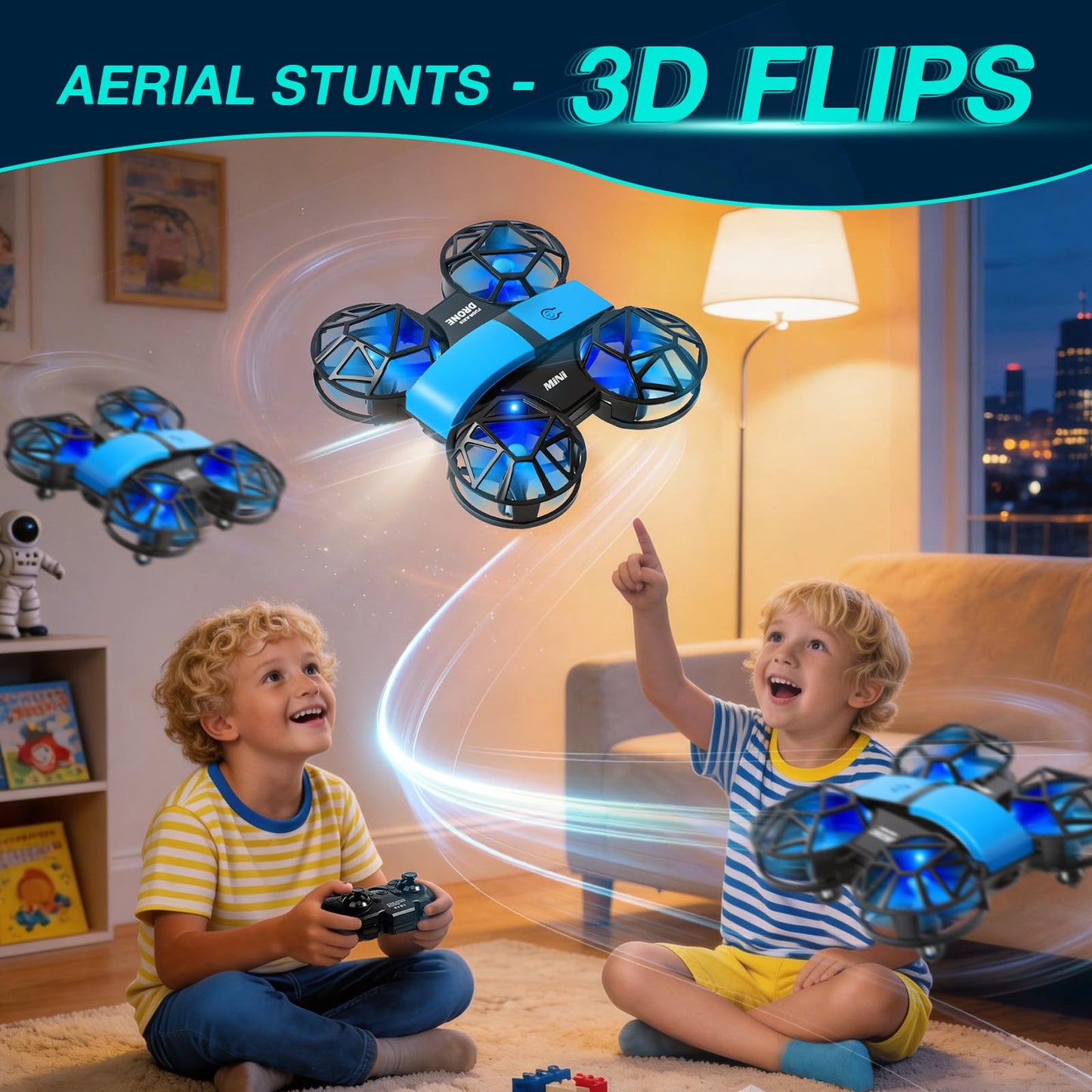 Blue Mini Drone for Kids & Beginners, Indoor & Outdoor RC Quadcopter, Full Propeller Guards, LED Light, 3D Flips, One Key Start, Headless Mode, 2 Rechargeable Batteries, 21 Mins Total Flight Time, Toy Gift for Boys and Girls