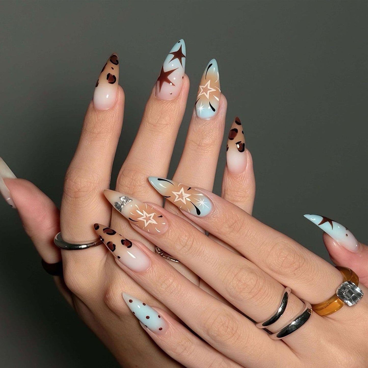 IMSOHOT Press on Nails Long Stiletto Fake Nails Glossy Brown Blue Ombre Acrylic False Nails Full Cover Leopard Print & Star Designs Glue on Nails for Women 24Pcs