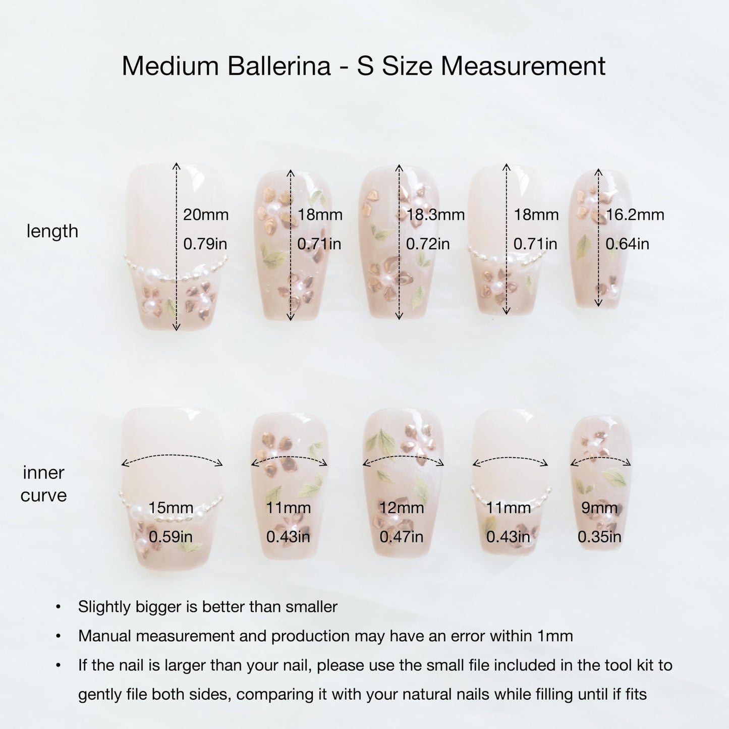[GLORS] Medium Ballerina Press On Nails, Nude Pink with Rose Gold Foil and Pearl Accents, 10 Pieces (Small, MB)