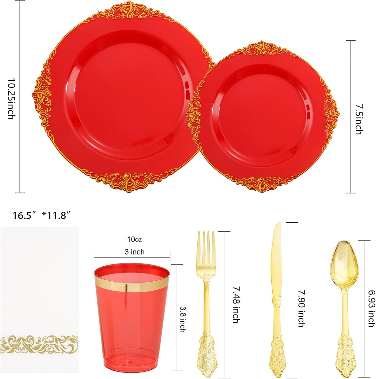 Morejoy 175PCS Red Plastic Plates,Red Disposable Plates With Gold Rim,Red and Gold Plastic Dinnerware Set Includes: 50 Plates,25 Silverware Sets,25 Cups,25 Napkins,Perfect for Party,Wedding