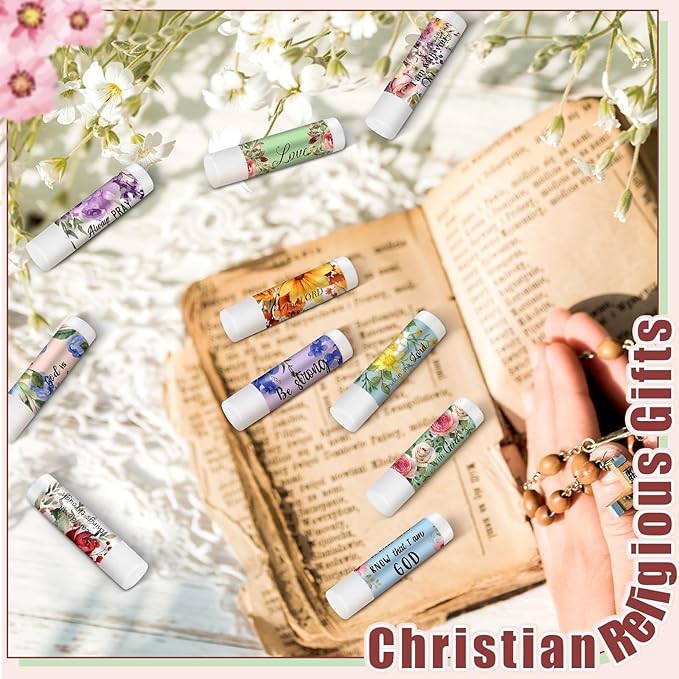 50 Pack Christian Religious Gifts Bulk Lip Balms for Women Men Church Party Favors Bulk Bible Verse Lip Balm with Scripture Inspirational Gifts for Coworkers Staff Employee (Christian Floral)