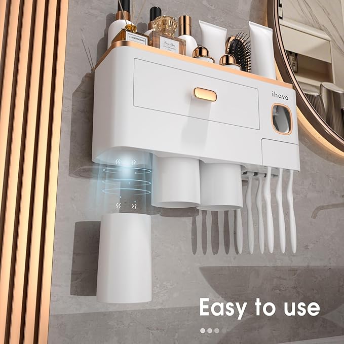 iHave Toothbrush Holders for Bathrooms - Upgrade Wall Mounted Toothbrush Holder with Toothpaste Dispenser - 3 Cups, Large Capacity Tray - Bathroom Accessories & Bathroom Storage