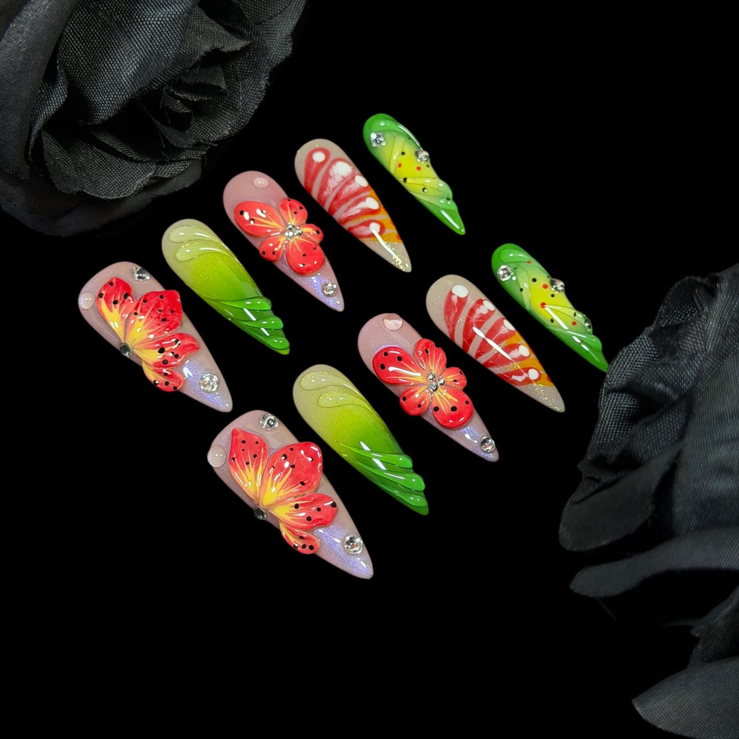 Handmade Press On Nails, Stiletto Shape, 3D Floral Botanical Muse Art, Vibrant Multi-Color Design, Thick Acrylic Fake Nails Set Tropical (L)