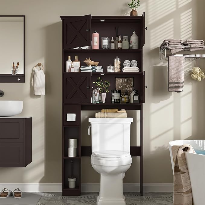 Over The Toilet Storage Cabinet, Farmhouse Storage Cabinet Over Toilet with 4 Barn Doors & Toilet Paper Holder Stand, Espresso Toilet Shelf Home Space Saver for Restroom, Bathroom, Laundry