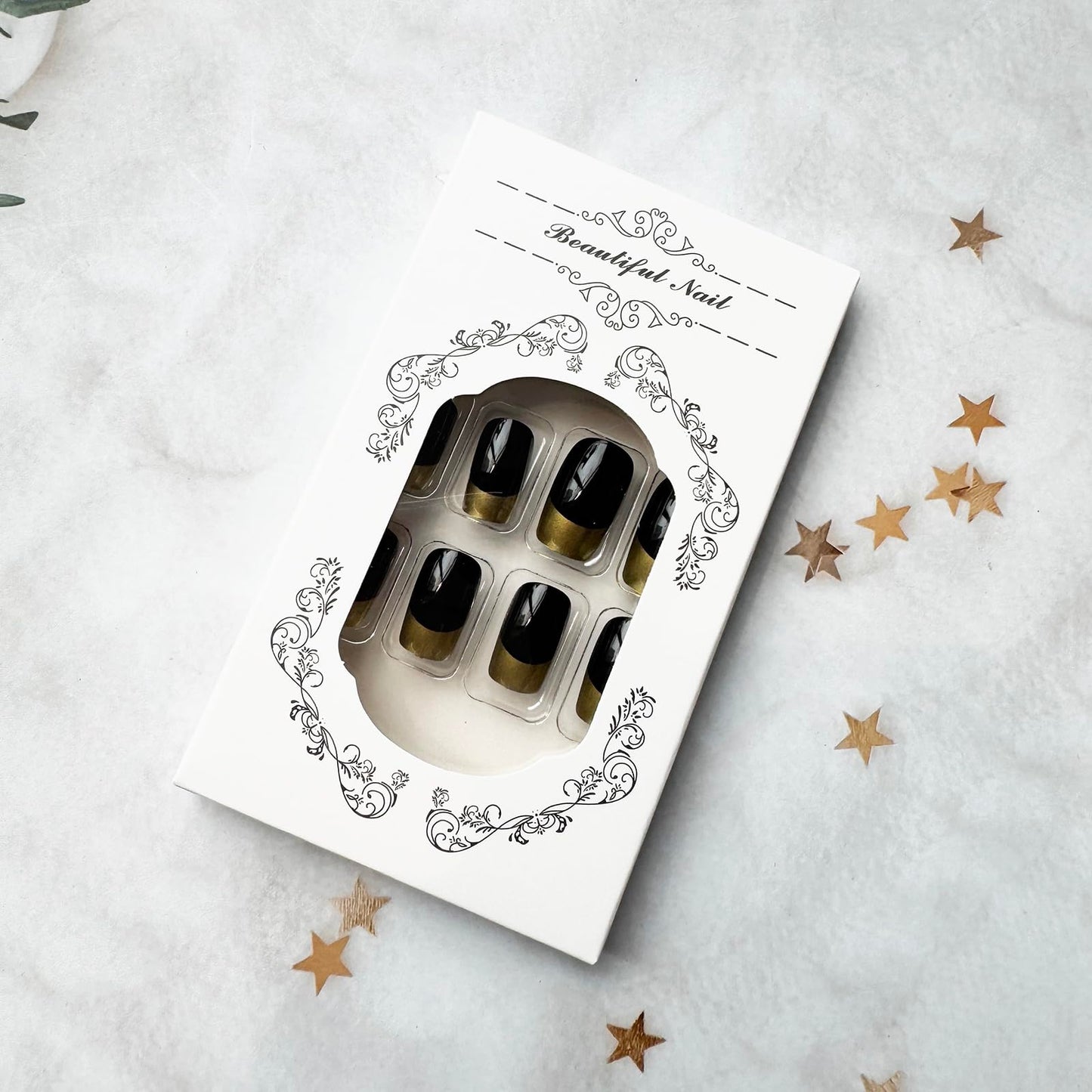 French Tip Press on Nails Square Shape Fake Nails Medium False Nails Gold Nail Tip Black Acrylic Nails Full Cover Glossy Stick on Nail Spring Summer Holiday Glue on Nails for Women Manicure 24 Pcs
