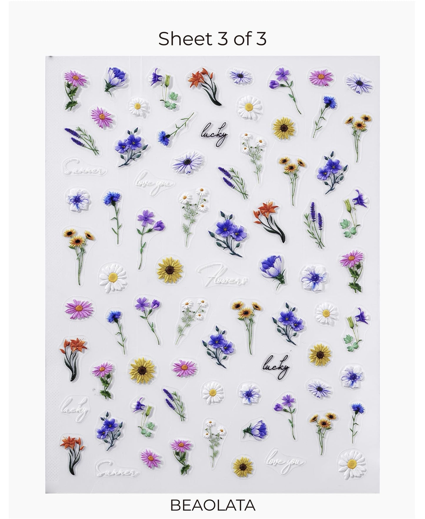 Beaolata Flower Nail Stickers for Nail Art - 3 Sheets 5D Embossed Iridescent Floral Trio Leaf Plant Designs Self-Adhesive Nail Decals for Women Manicure Salon Nails Art Decoration