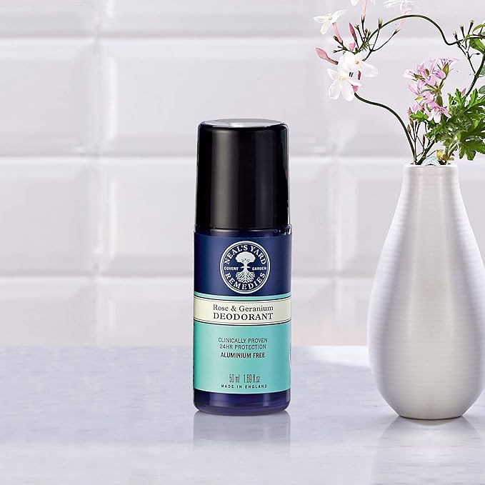 Neal's Yard Roll on Deodorant, 24-Hour Odor Guarding, Moisture-Absorbing Bamboo Powder & Cleansing Shikimic Acid, Aluminum-Free, Rose & Geranium, 50mL