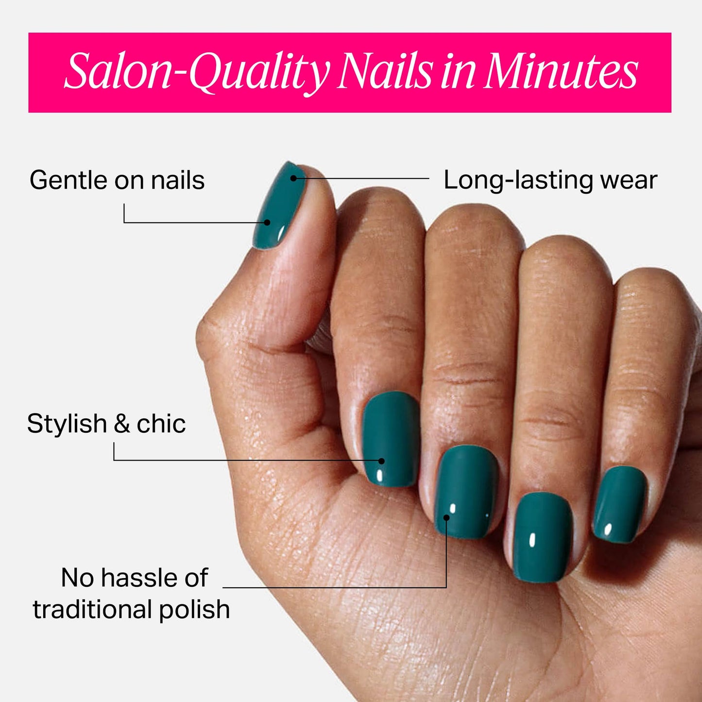 Nailboo Press On Nails, Salon-Quality Reusable Fake Nails for Fast DIY Manicure with Strong Hold Nail Glue for Press Ons, Nail File, & Alcohol Prep Pads, Exotic Emerald