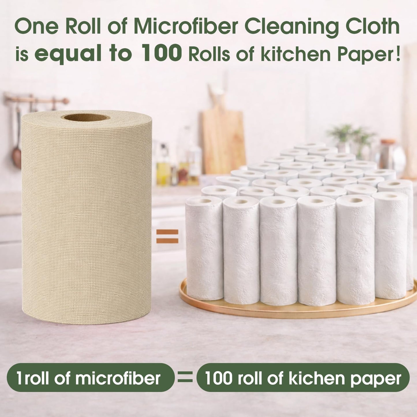 CHAUNCEY HOME Microfiber Cleaning Cloth Roll - 100 Pack Tear Away Microfiber Paper Towels, Reusable, Washable, Scratch-Free, Kitchen Towels for Car, Home, Kitchen, Glass, Dishes(Desert Gold)