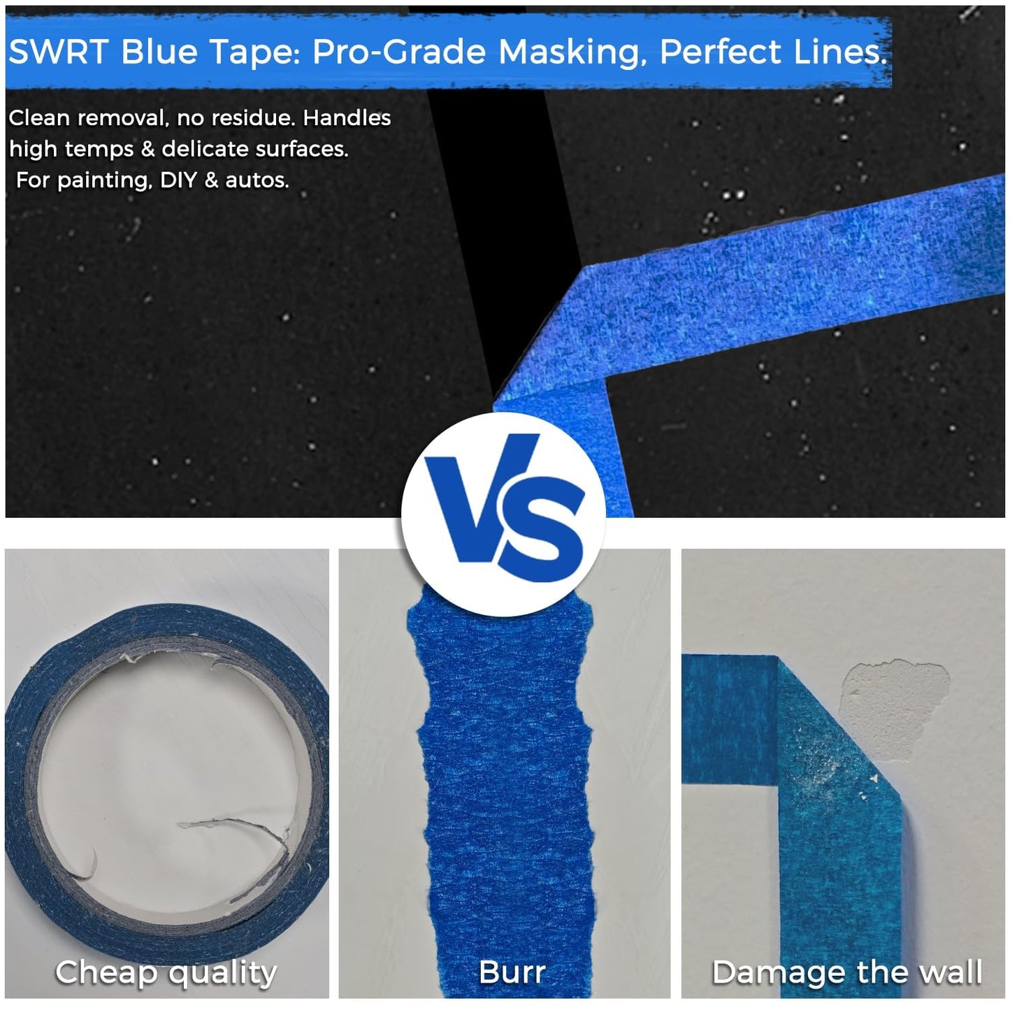 SWRT Blue Painters Tape 2 Inch Wide – 12 Rolls x 55 Yards (660 Total Yards), Clean Removal Masking Tape for Sharp Paint Lines on Walls, Trim & Baseboards, Easy Tear for DIY & Home Renovation Projects