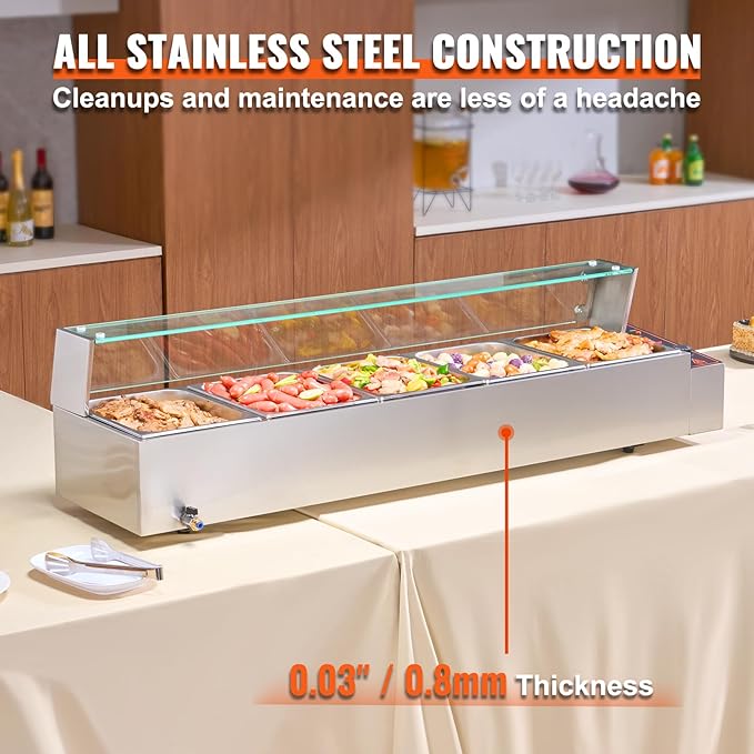 VEVOR 5-Pan Commercial Food Warmer, 5 x 12QT Electric Steam Table with Glass Cover, 1700W Countertop Stainless Steel Buffet Bain Marie 86-185°F Temp Control for Catering, Restaurants, Silver