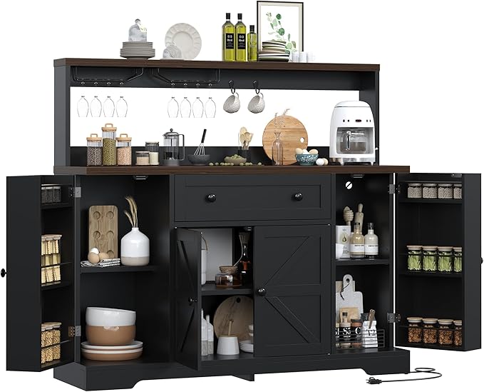 Hutch Storage Buffet Cabinet with Drawers, and Charging Station, Coffee Bar Cabinet with Barn Doors, Wine Rack and Hooks, White Wood Sideboard Buffet for Kitchen, Dining Room, 47.8" High