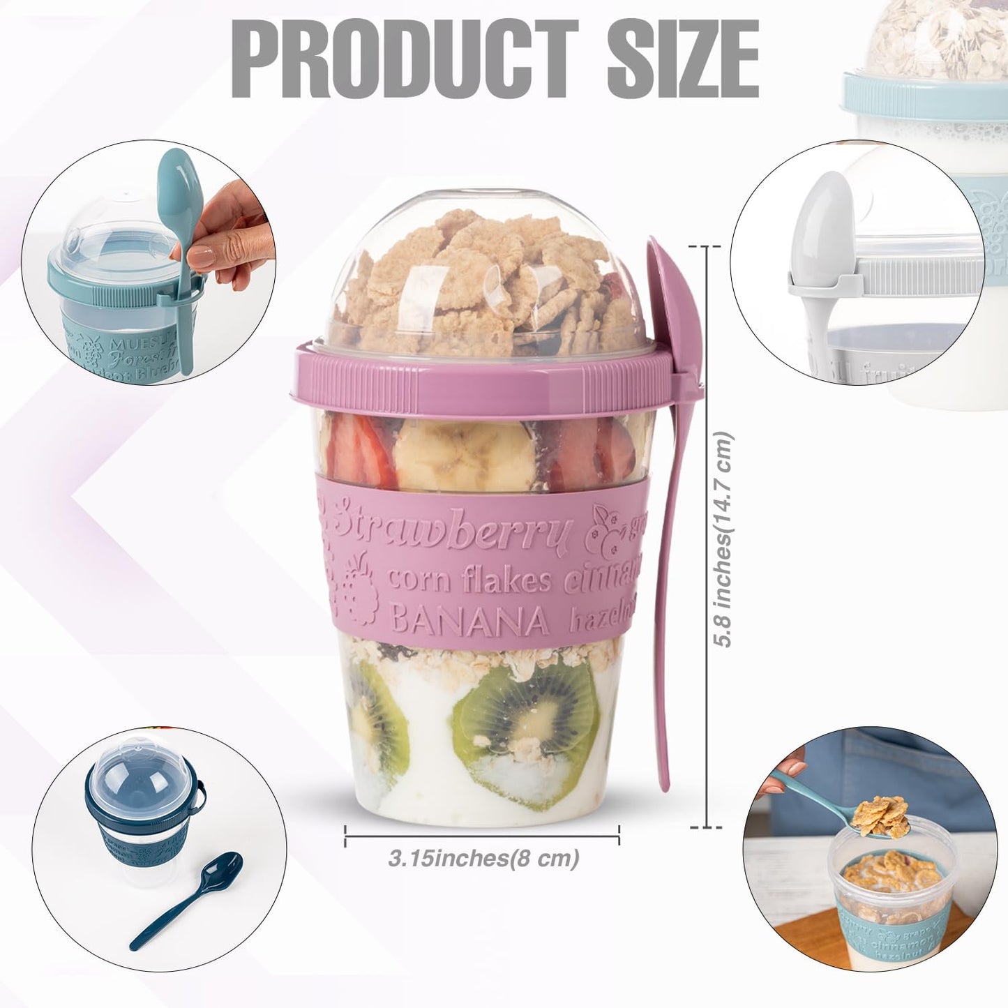 EYNEL 4 Pack Reusable On The Go Yogurt Parfait Cups, Breakfast Plastic Containers with Lids and Spoons, Perfect Jars for Overnight Oats Cereal Granola Oatmeal Smoothies and Snack Prep