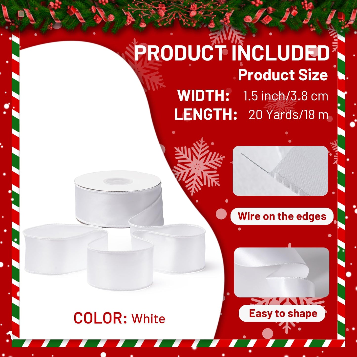 FAKILO White Satin Wired Ribbon 1.5 Inch X 20 Yards White Christmas Ribbon Wired for Gift Wrapping Christmas Tree Decoration Bows Making Wreath DIY Crafts Wedding Decor and Home Decor