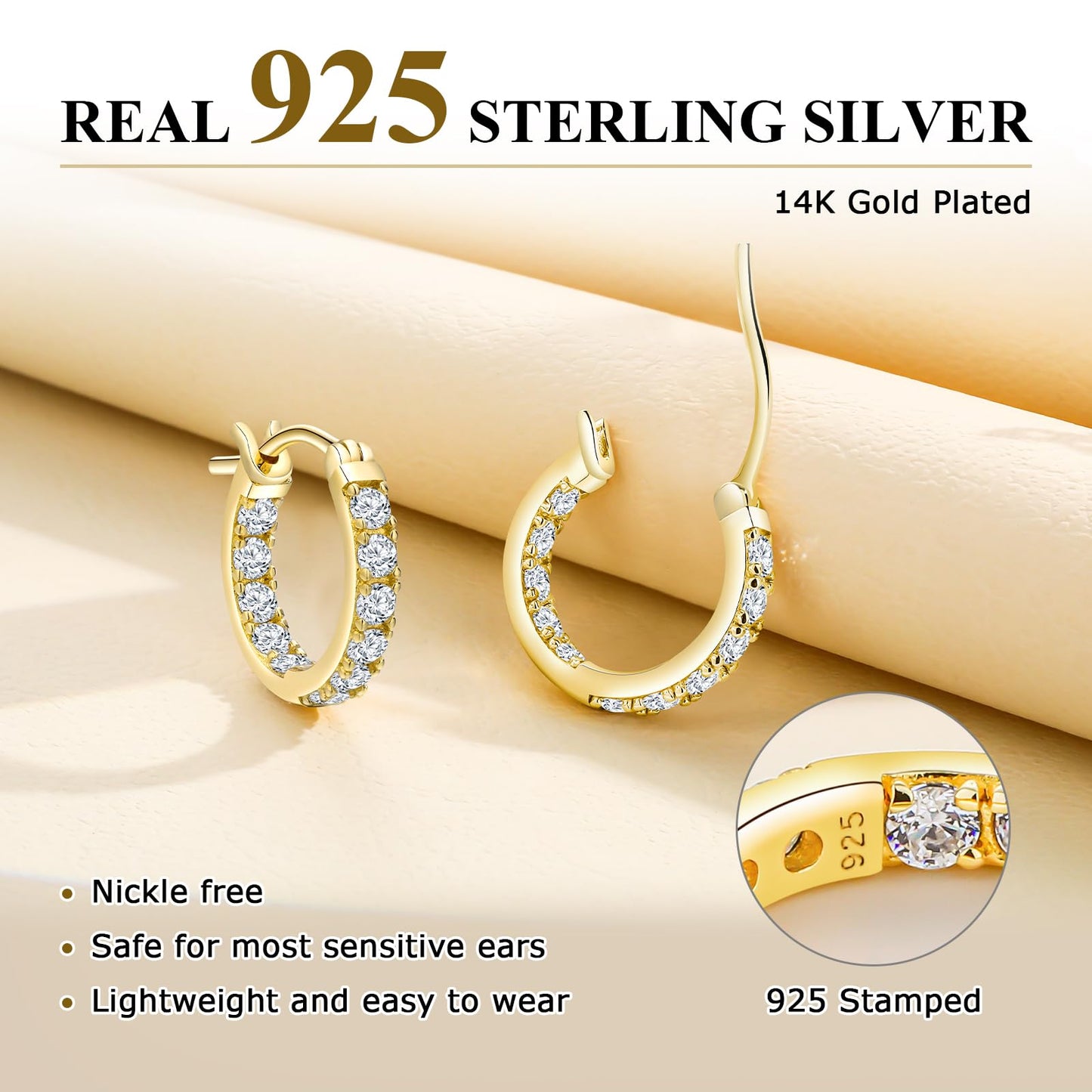 AGRULE 14K Yellow Gold Plated Chunky Huggie Earrings Sparkling Gemstone Sterling Silver Hypoallergenic Lightweight 15mm Diamond Hoop Earrings for Women