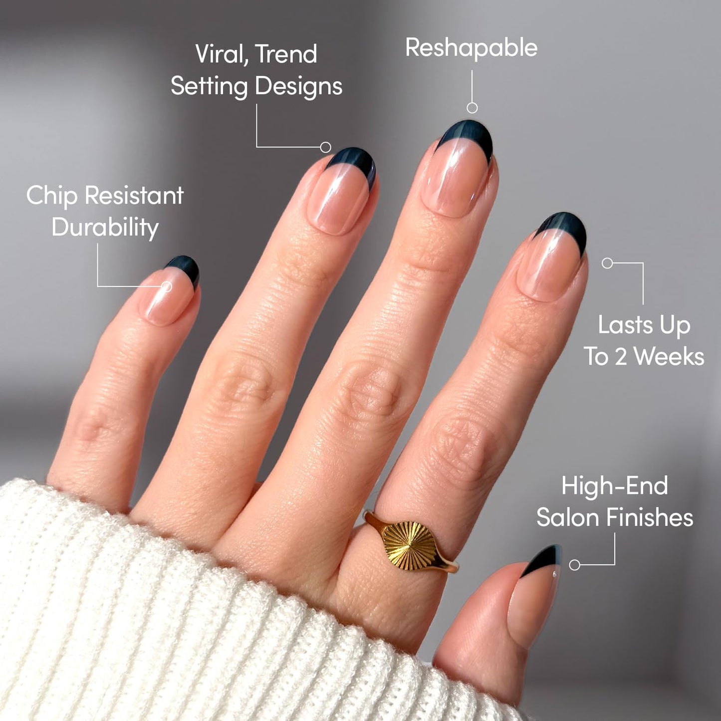 Glamnetic Press-On Nails Bundle - Burnt Miso, Squid Ink, Smoke Salt, Onyx Glaze & Balsamic Glaze | 5 Glazed Black French Tips in Super, Squoval, Short Oval, Short Round, & Medium Coffin |