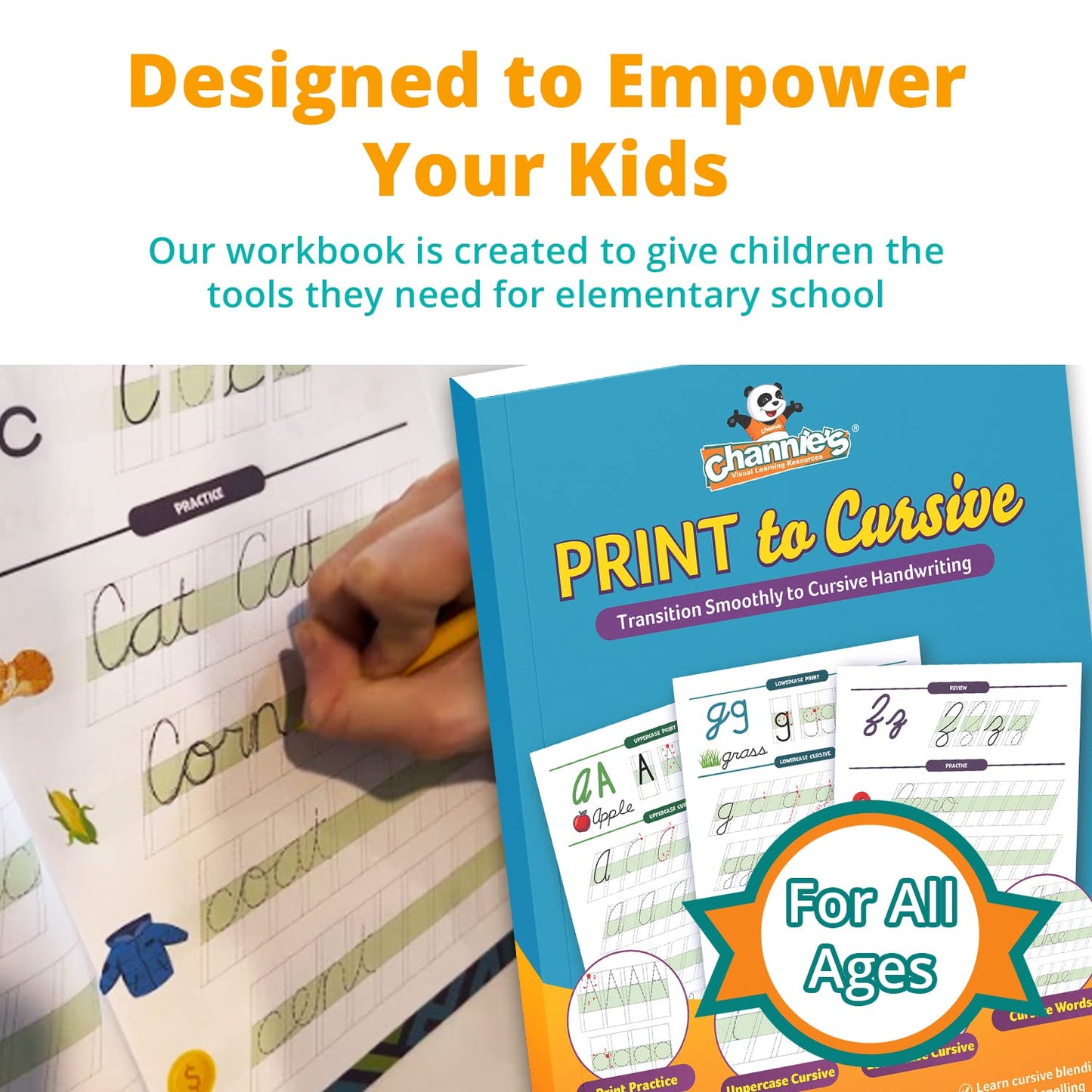 Channie's Print and Cursive Handwriting Workbook, Step-By-Step Uppercase & Lowercase Cursive Tracing Practice for Kids All Ages, Color-Coded, Easy to Follow Worksheets