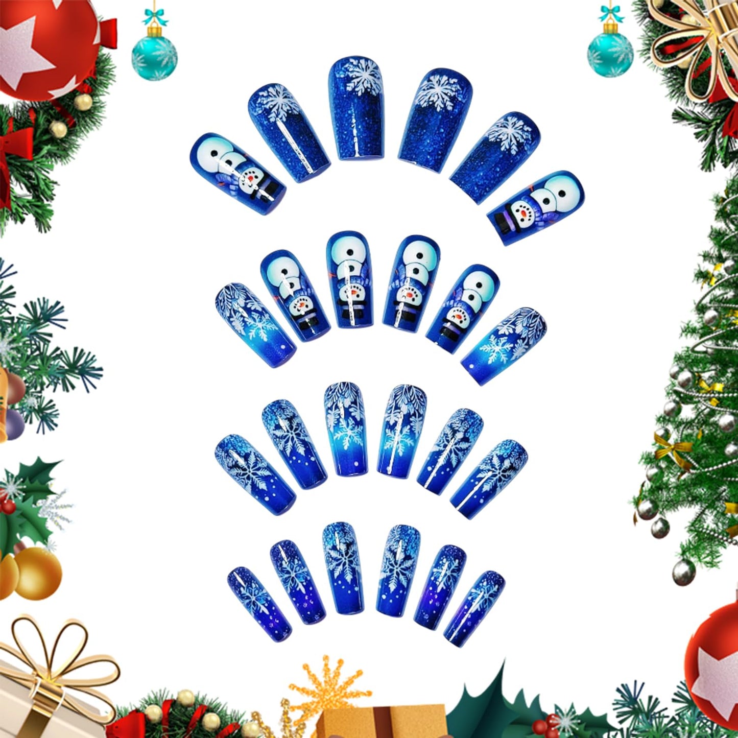 CJDLTS Christmas Press on Nails Medium Artificial Square Acrylic False Nails Gradient Snowflake with Snowman Stick on Nail Full Cover Winter Reusable Coffin Artificial Fingernails for Women Manicure