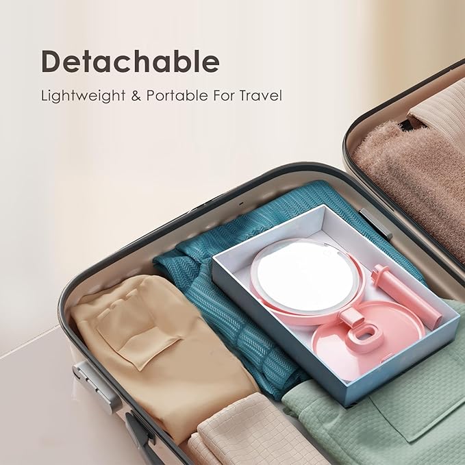 Makeup Mirror with Lights, Lighted Make Up LED Vanity Mirror for Travel, 1x/10X Magnifying Mirror, Rechargeable 3 Color & Adjustable Brightness, 360° Rotation Detachable (Pink)