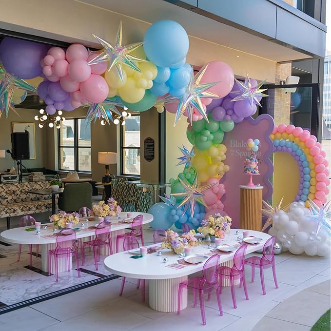 Iridescent Star Balloons,9Pcs 22Inch Iridescent Clear Explosion Spike Cone Helium Polyester Film Star Foil Balloons for Birthday Anniversary Baby Shower Wedding Disco Party Decorations